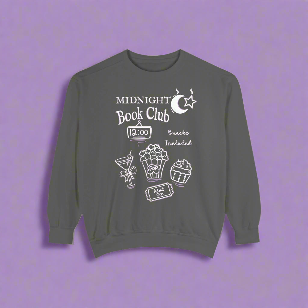 Gray sweatshirt with 'Midnight Book Club' design