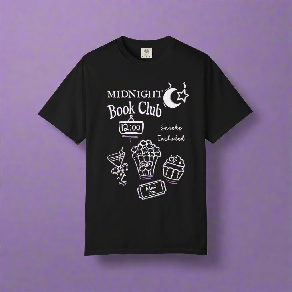 Black t-shirt with a bookish themed text and design