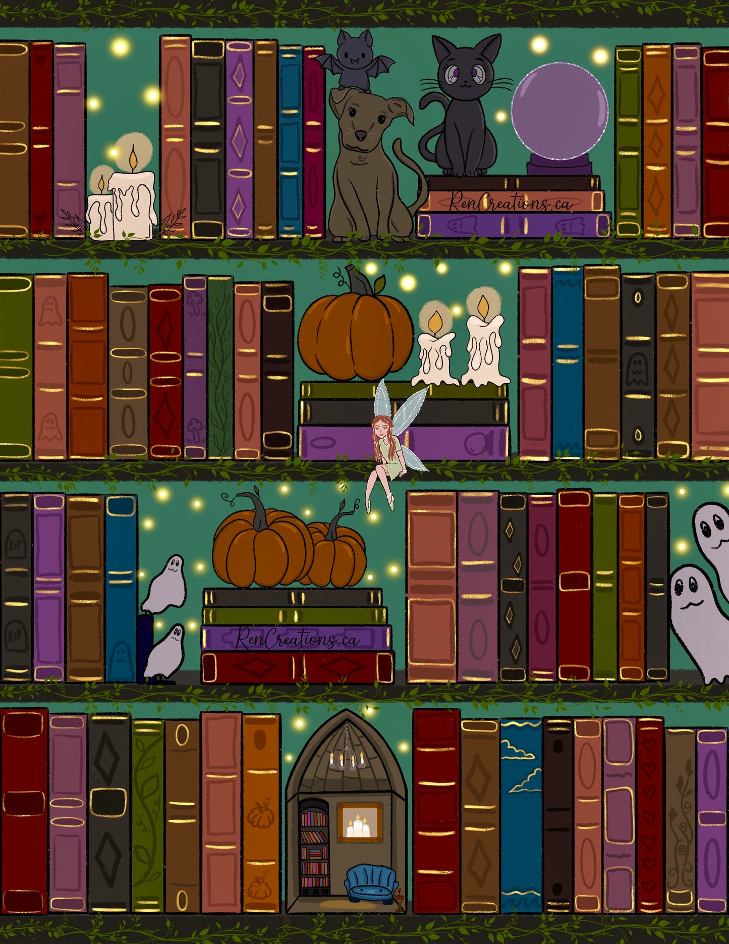 Spooky Season Bookshelf Art Print