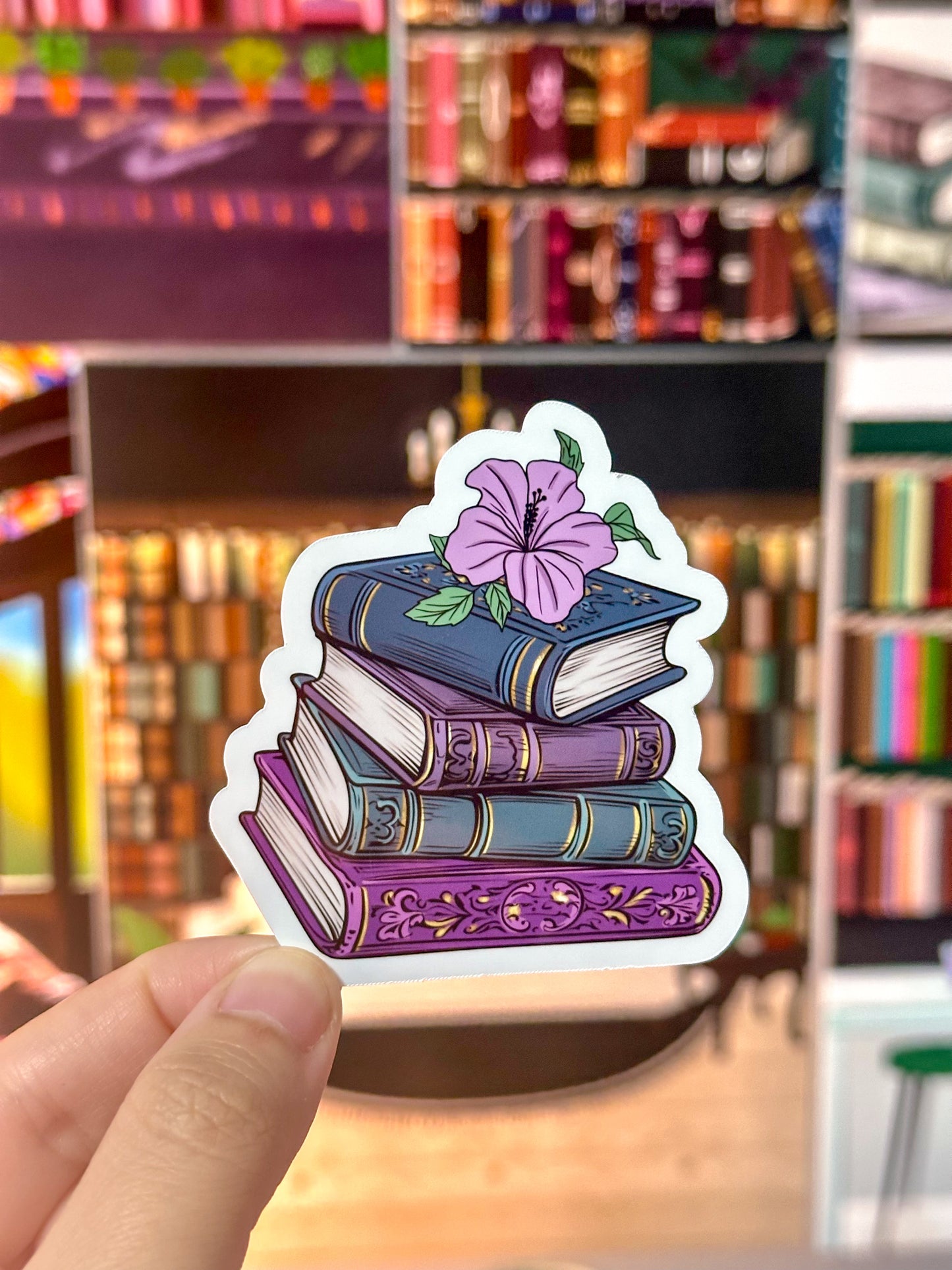 Vintage Hibiscus Book Stack Sticker