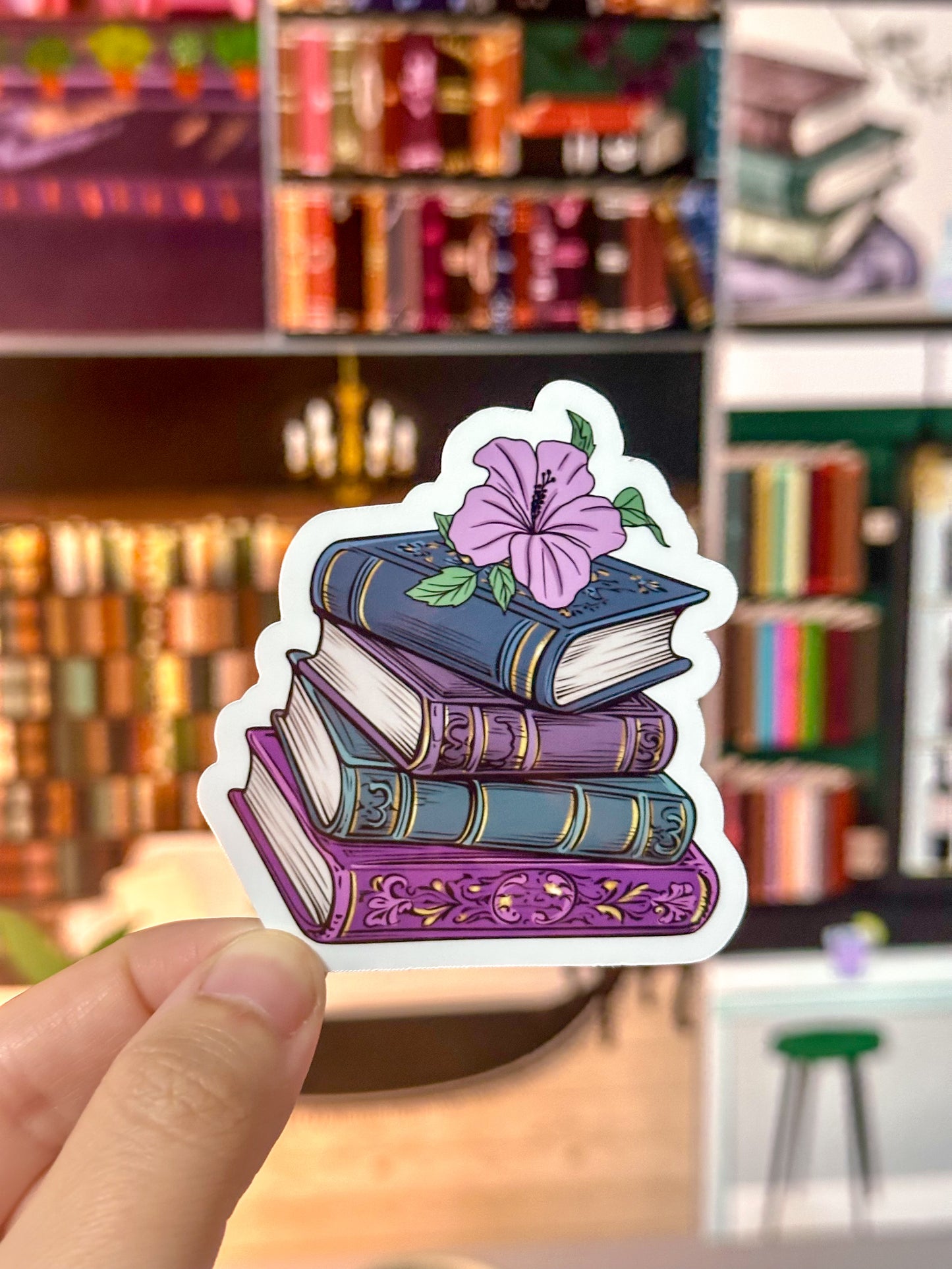 Vintage Hibiscus Book Stack Sticker