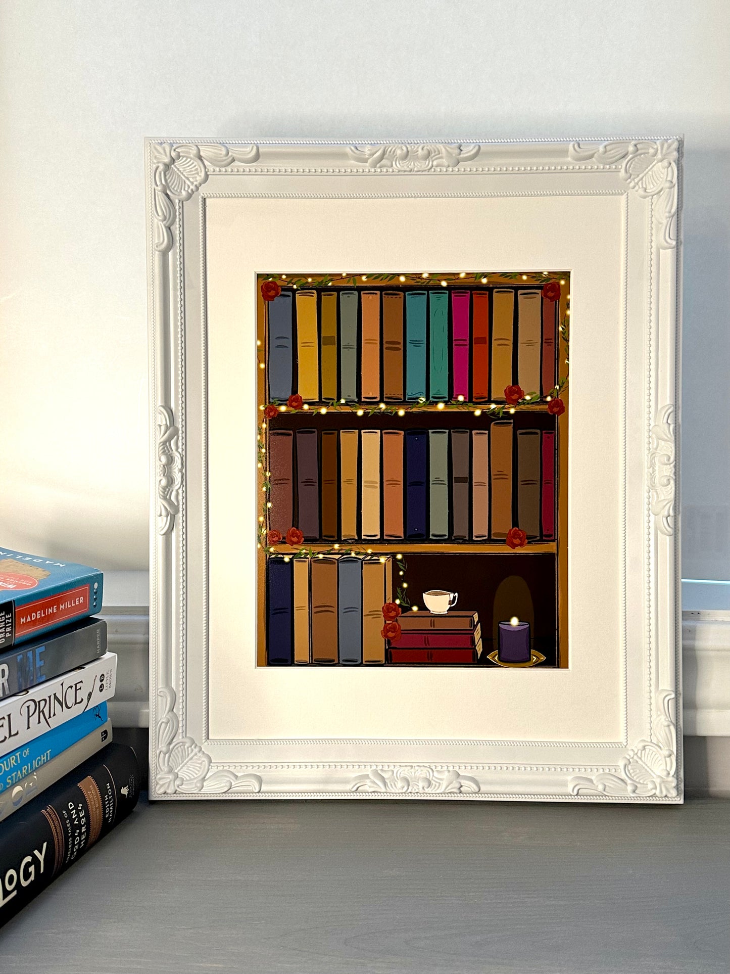 Bookshelf Roses Art Print