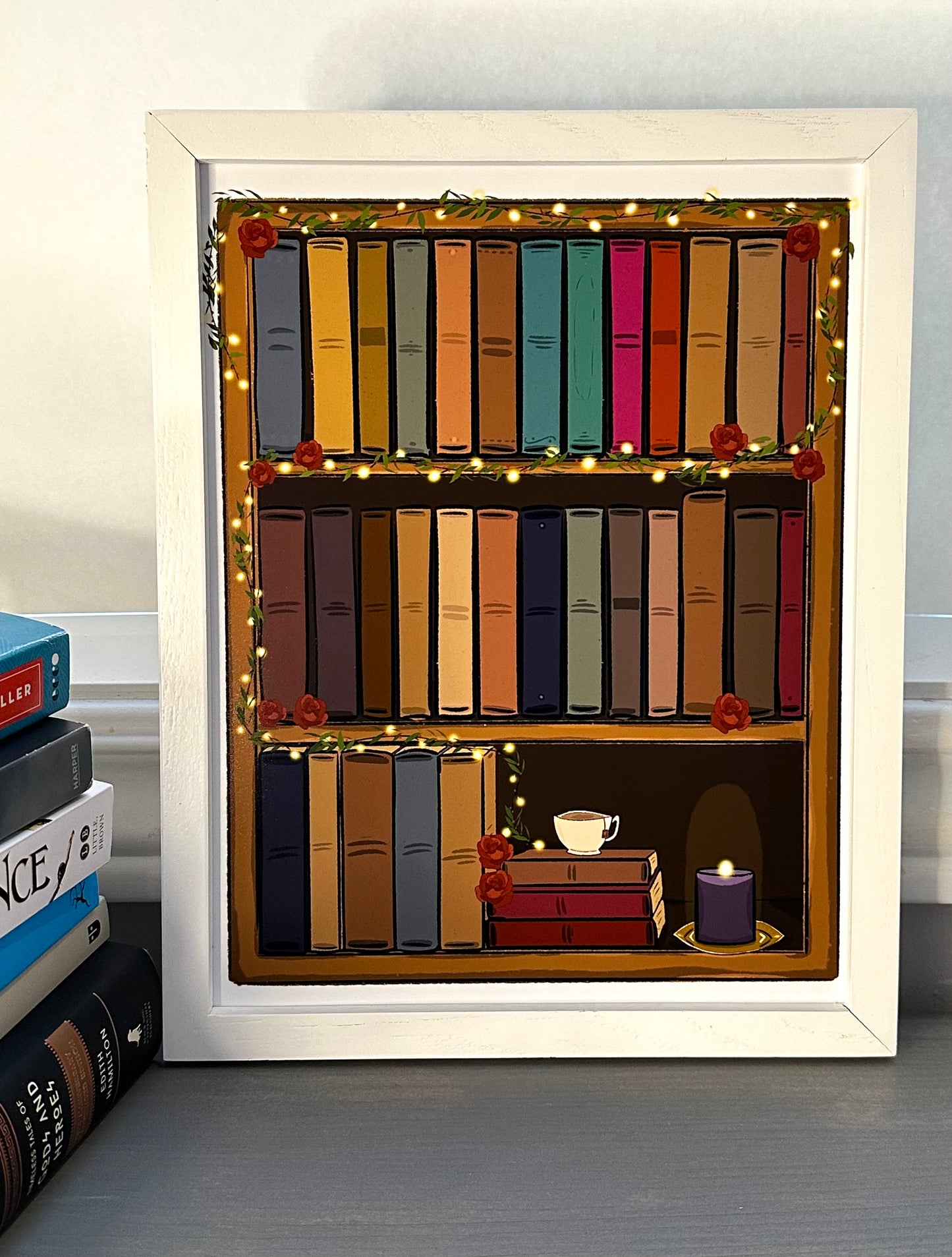 Bookshelf Roses Art Print