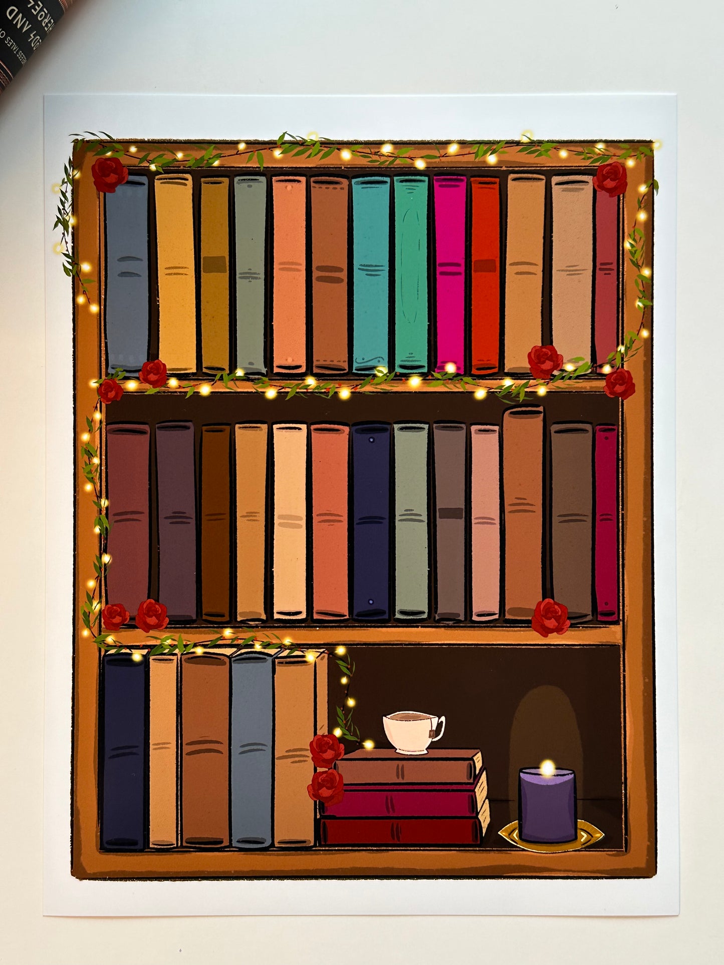 Bookshelf Roses Art Print