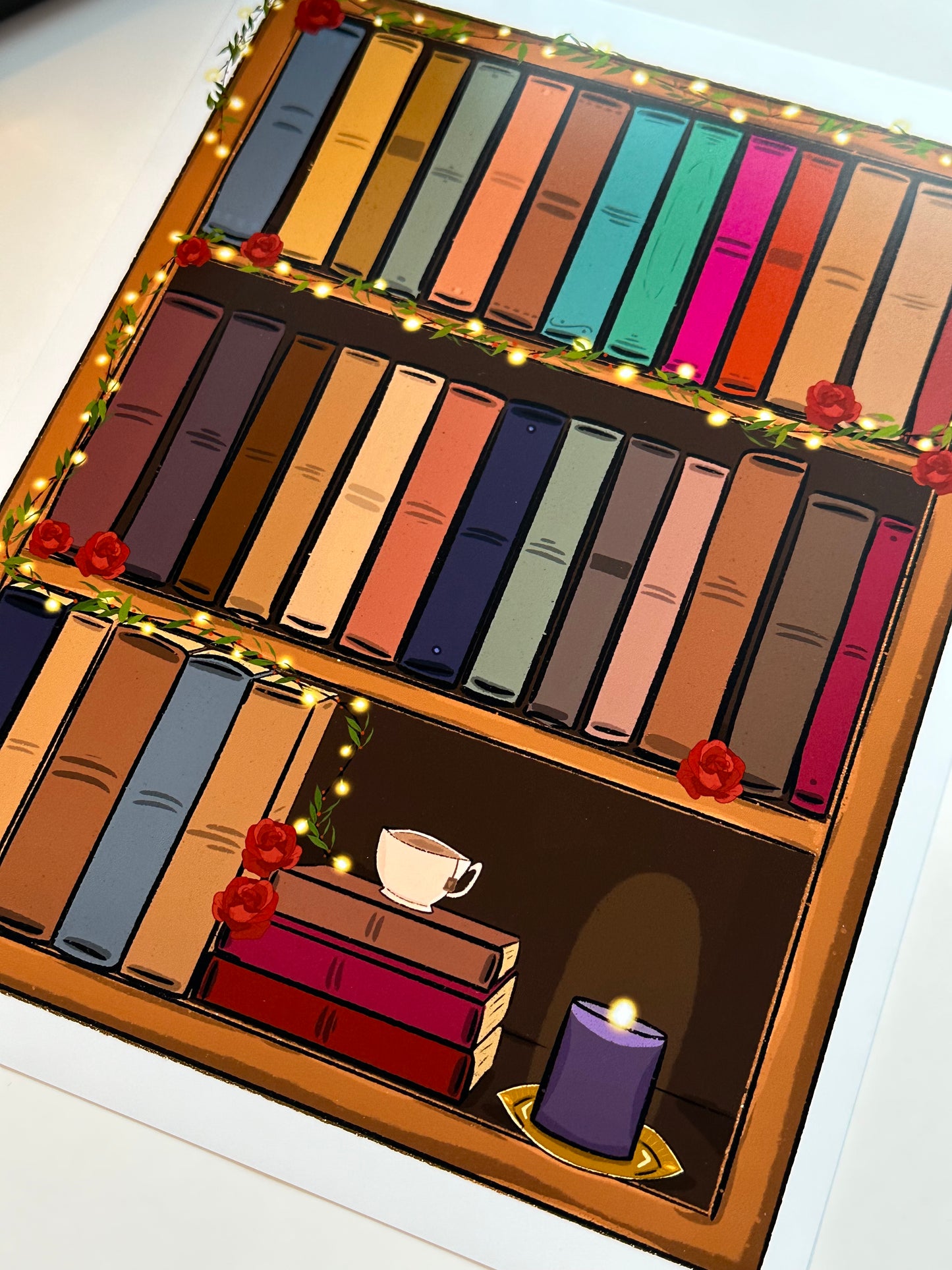 Bookshelf Roses Art Print