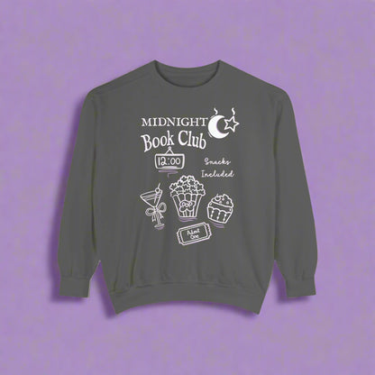 Gray sweatshirt with 'Midnight Book Club' design