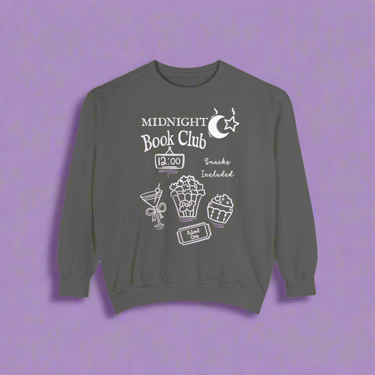 Gray sweatshirt with 'Midnight Book Club' design