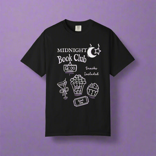 Black t-shirt with a bookish themed text and design
