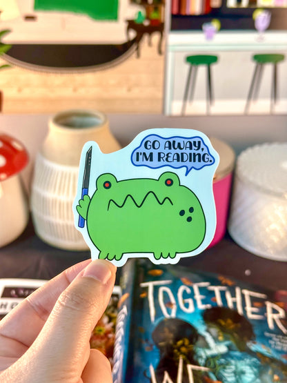 Disgruntled Froggie Says Go Away Im Reading Die Cut Sticker