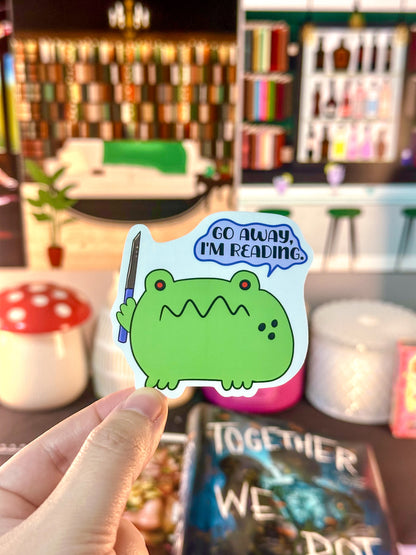 Disgruntled Froggie Says Go Away Im Reading Die Cut Sticker