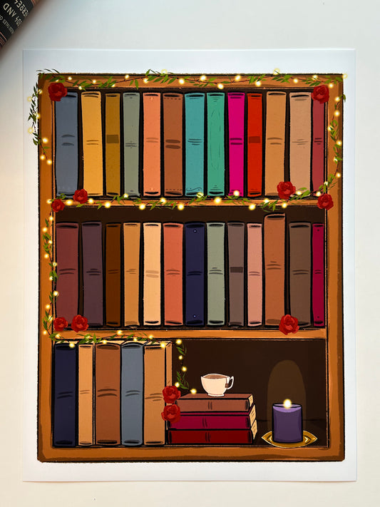 Bookshelf Roses Art Print